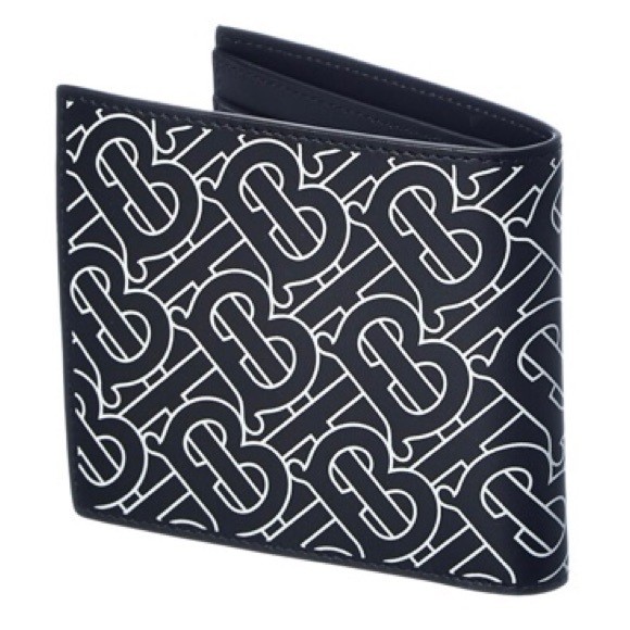BURBERRY TB MONOGRAM PRINT LOGO OFF-WHITE BLACK LEATHER BIFOLD BILL WALLET NWT - Picture 5 of 13